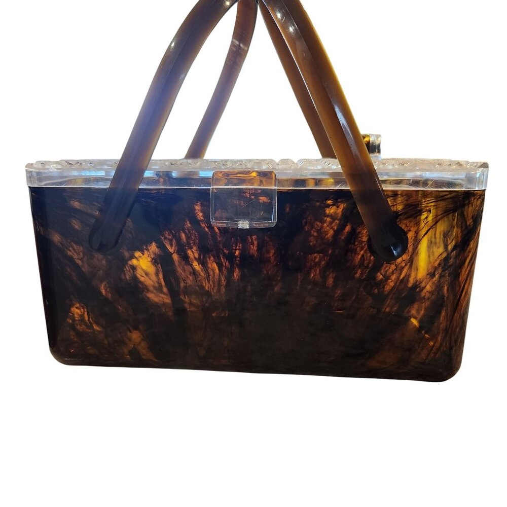 Vintage  Brown, Black, Tortoise Lucite Amber Handbag, Purse, 9 x 5 x 4 inches